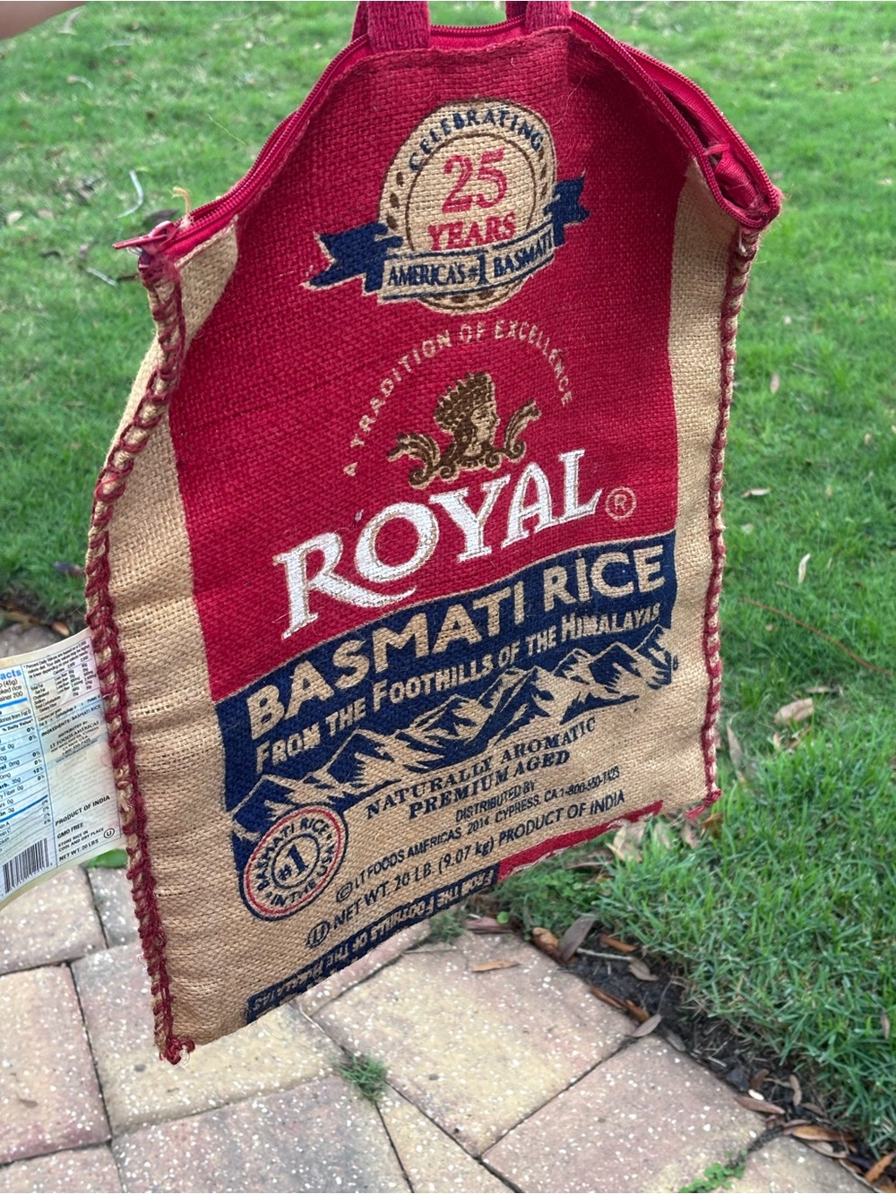 Royal Basmati Rice Burlap Tote Bag - Red & Natural